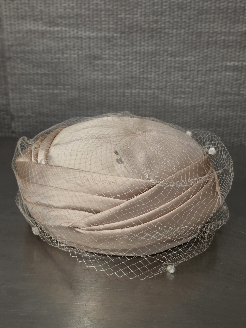 Vintage 1950s Champagne Satin Turban Pillbox Veiled Chenille Dot Cocktail Hat